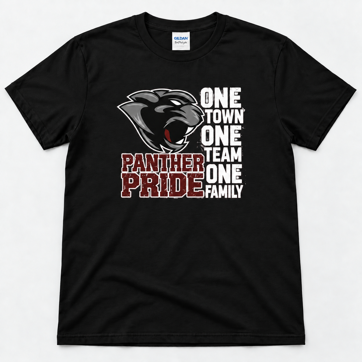 Black Gildan Softstyle T-shirt with Panther Pride mascot and One Town One Team One Family design